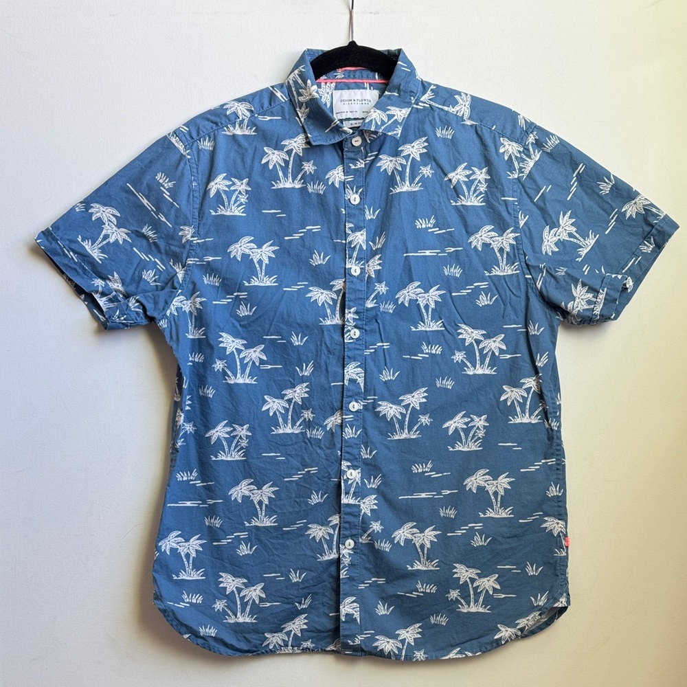 Denim & Flower Blue Slim Fit Shirt with Palm Print | Medium